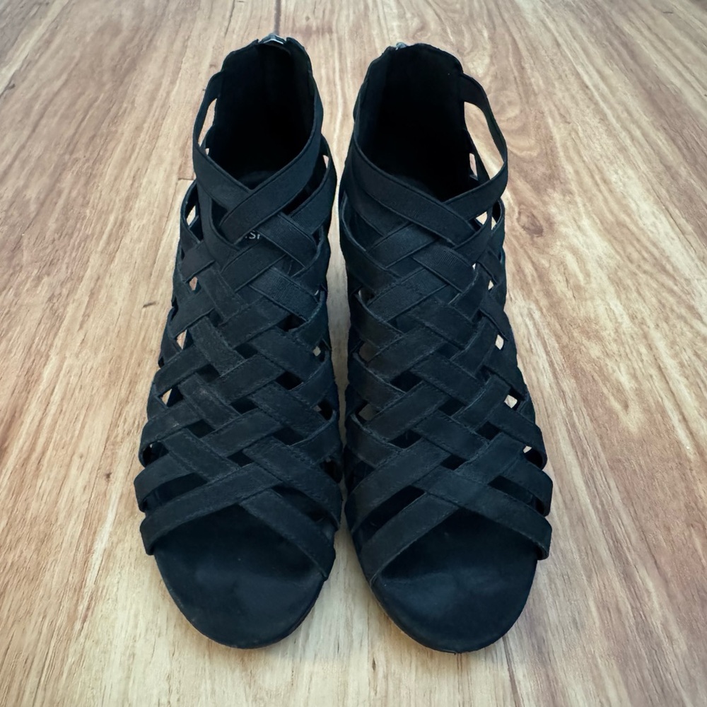 Eileen Fisher Oodle Cutout Sandal Stacked Heel Sueded Leather w Stretch 8 Black - Picture 4 of 12